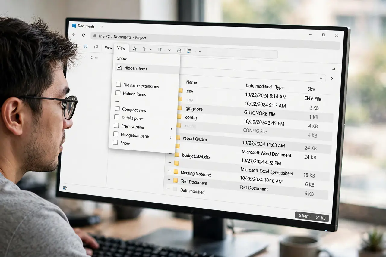 A person checking the Hidden items box in File Explorer's View menu on a real Windows PC monitor with hidden files appearing slightly faded fully legible, the person's face focused.