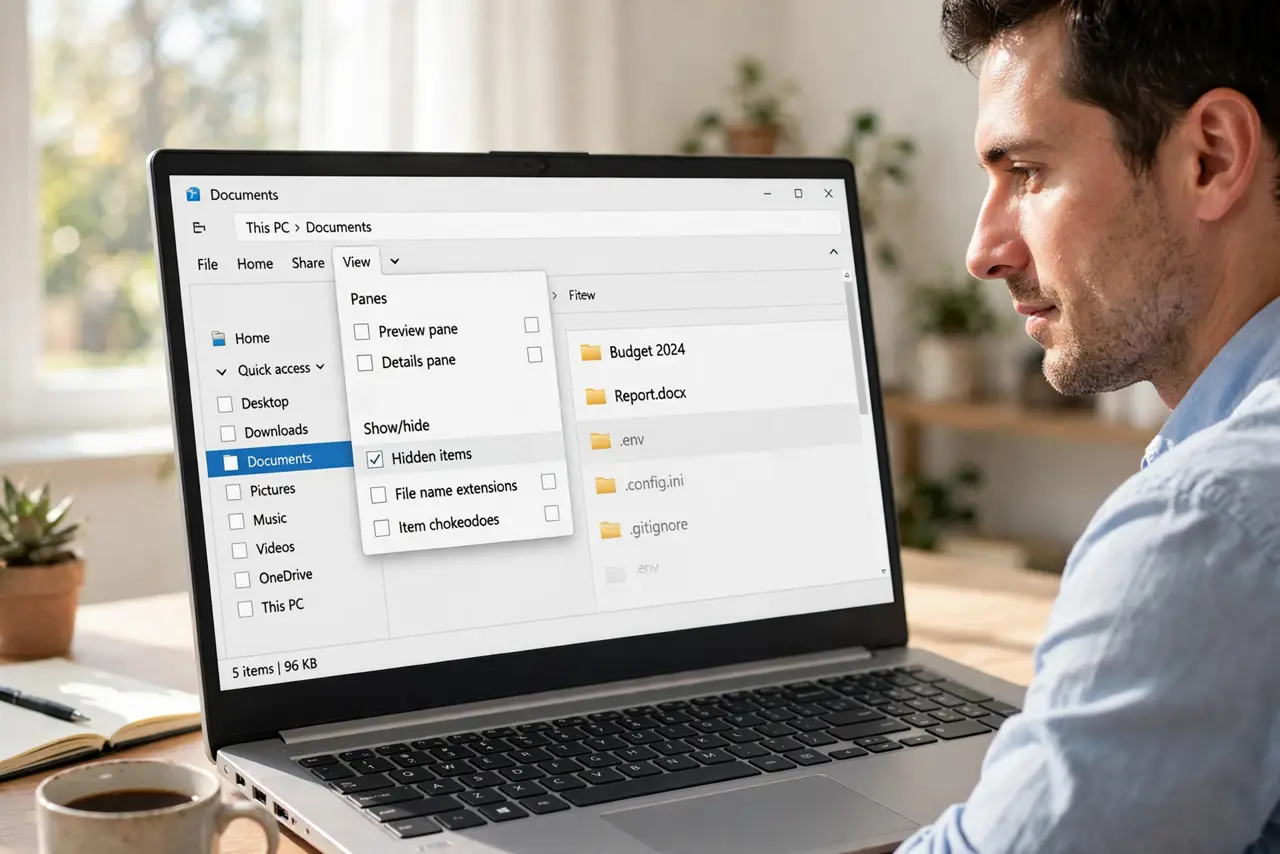 a person using a real Windows laptop showing File Explorer with hidden files now visible and slightly faded, the View menu open with the Hidden items checkbox legible, the person's.