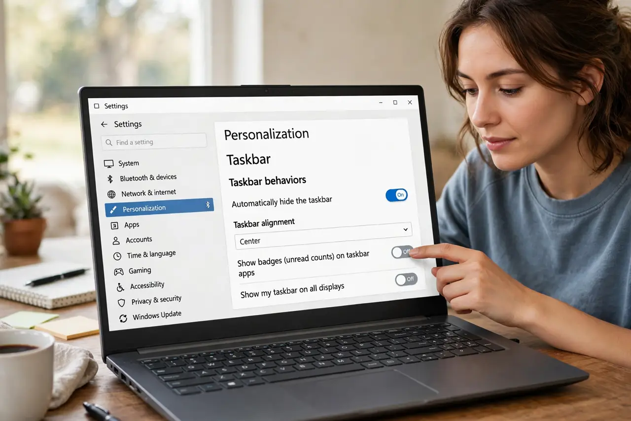 Photoreal photo of a person performing the first step: Turn on auto-hide. Right-click an empty spot on the taskbar, choose Taskbar settings, and enable 'Automatically hide the taskbar.' It slides away imme...