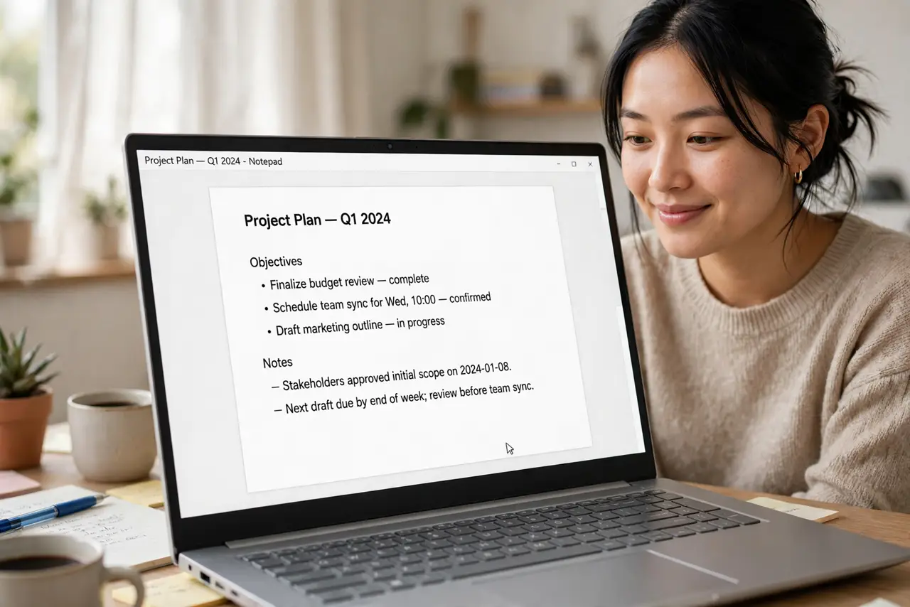 Photoreal photo: a calm person at a desk in front of a real Windows PC with the taskbar hidden showing a full-screen document, the cursor near the bottom edge revealing it, the person's face pleased. No black screen, no 