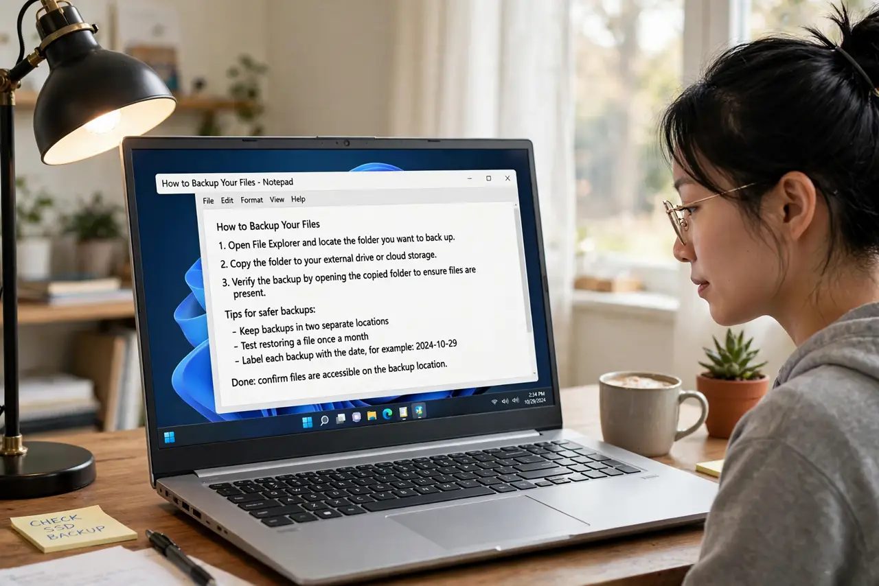 a person editing a real text file on a real Windows laptop screen showing lines of text in Notepad with legible content, the person's face focused, desk lamp...
