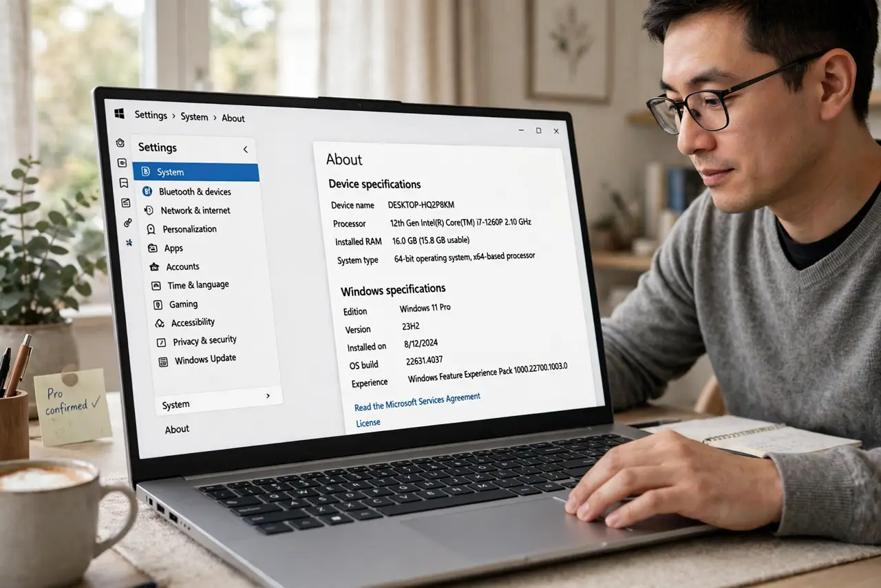 Photoreal photo of a person performing the first step: Confirm you have Pro or Enterprise. Open Settings, System, About, and check the edition. Hyper-