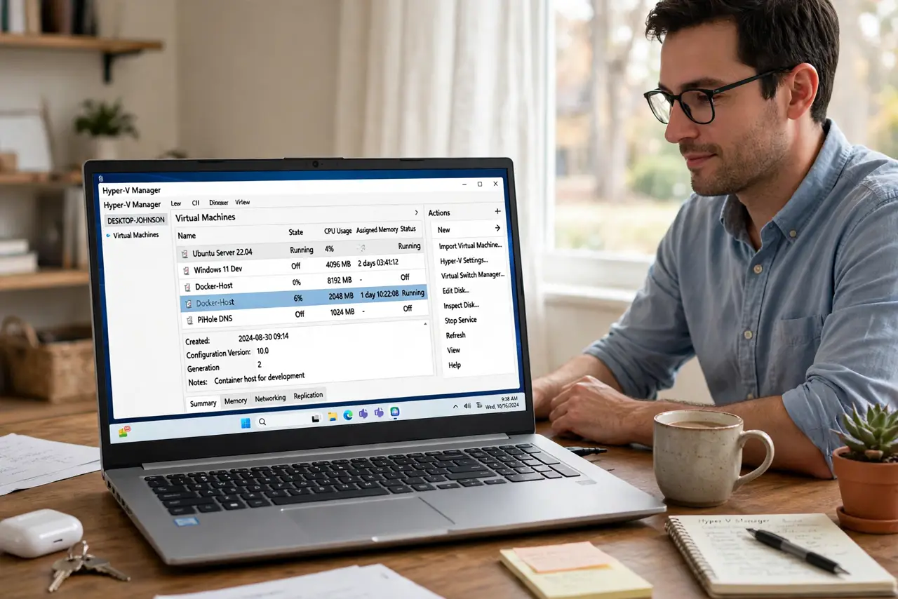 Photoreal photo: a person at a Windows PC with a real monitor showing the Hyper-V Manager with a legible virtual machine list, the person's face focused, home office. No black screen, no blank white screen, no fake or garbled screen t