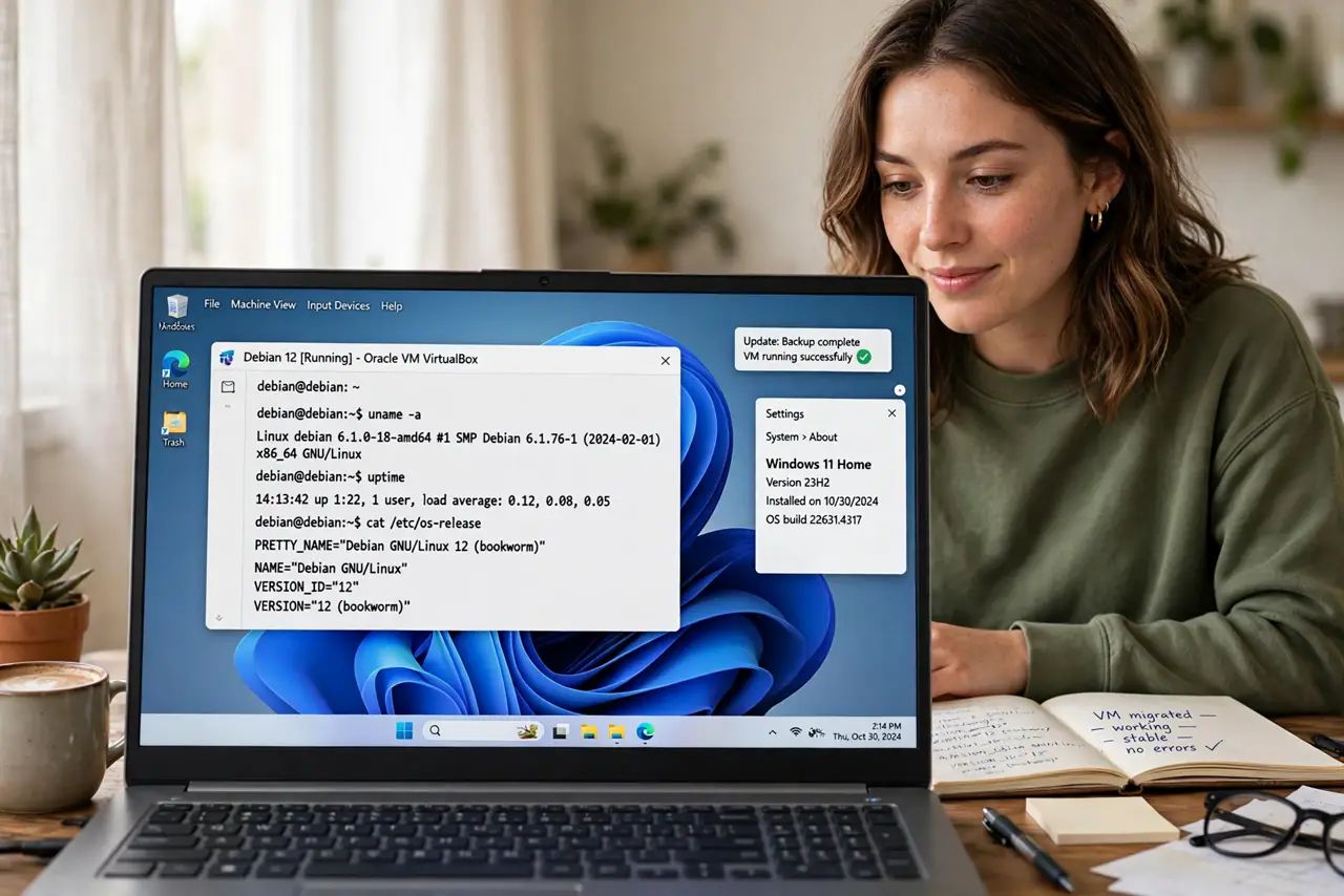 A person at a real Windows 11 Home laptop, the screen showing a virtual machine window running a second operating system fully legible, the person's face relieved and focused, desk at home.