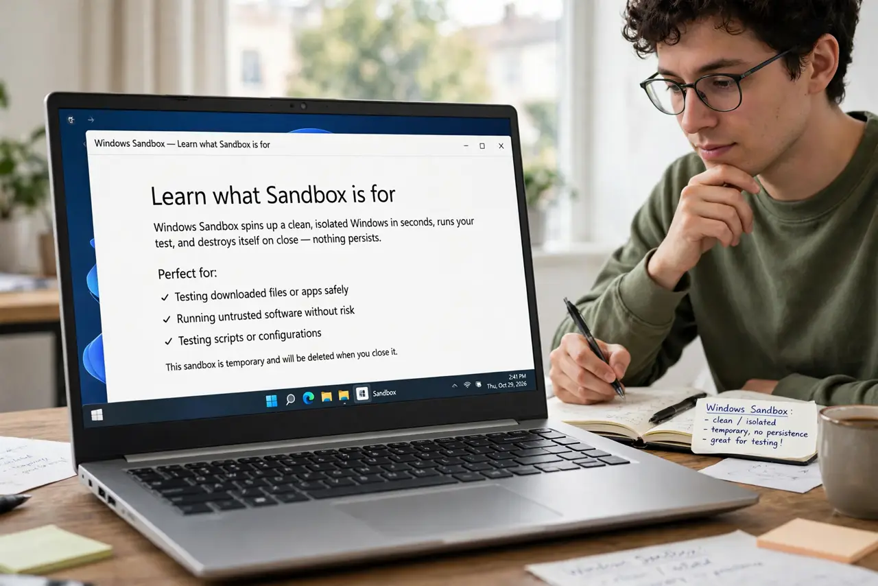 A person performing the guide's first step: Learn what Sandbox is for. Windows Sandbox spins up a clean, isolated Windows in seconds, runs your test, and destroys itself on close —…