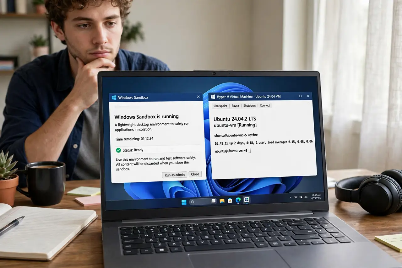 A person at a desk with a real PC showing two windows side by side — a legible Windows Sandbox and a Hyper-V virtual machine — the person's face deciding, home office..