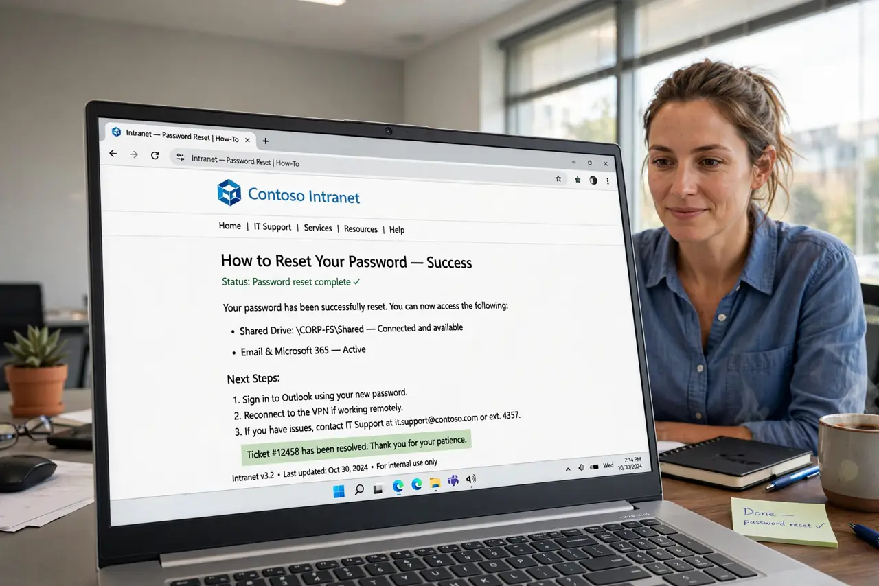 a person at a desk looking at a real Windows PC monitor showing a legacy intranet page rendered inside Microsoft Edge with legible text, the person's face re...