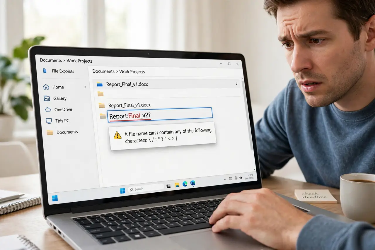 A person typing a filename on a real Windows laptop with a rename box showing a highlighted invalid character and a