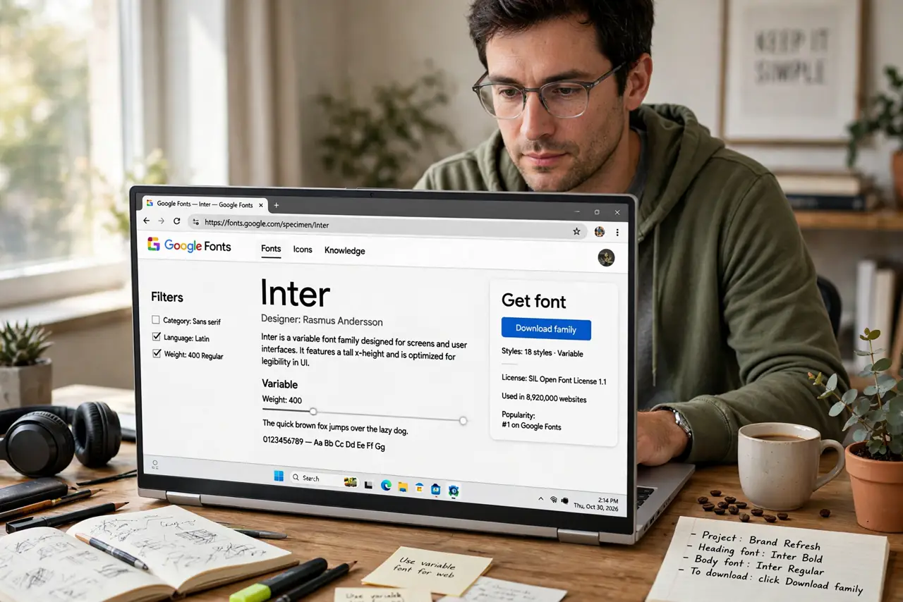 A person performing the first step: Get the font from a reputable source. Google Fonts, Adobe Fonts, and the Microsoft.