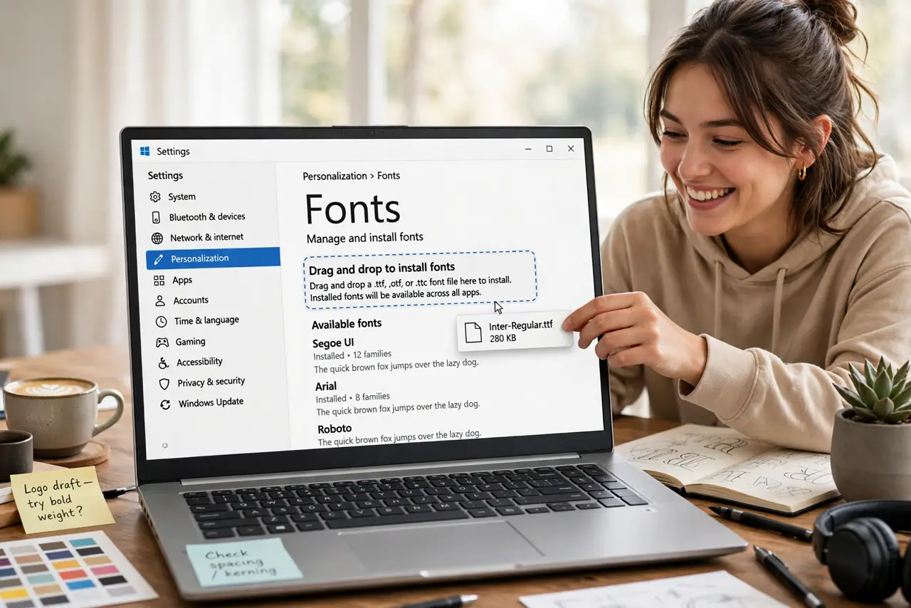 A person dragging a font file into the Fonts settings page on a real Windows laptop with legible text on screen, the