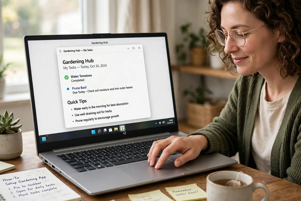a person clicking a real taskbar icon that opens a website in its own app window on a Windows PC, the site showing legible content without browser tabs, the ...
