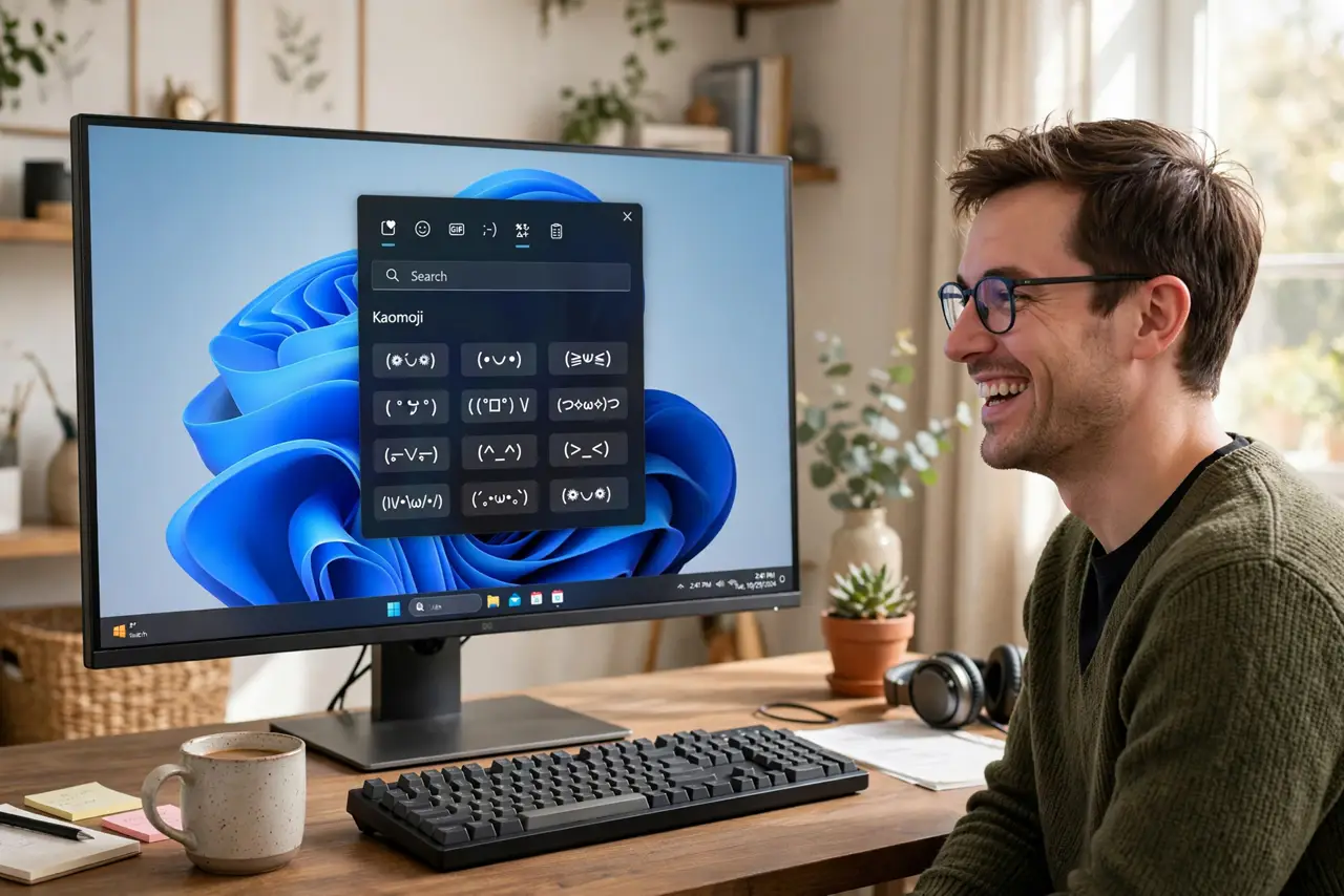 A person at a real Windows 11 PC smiling, the monitor showing the emoji panel open on the kaomoji tab with text faces clearly legible, home office.