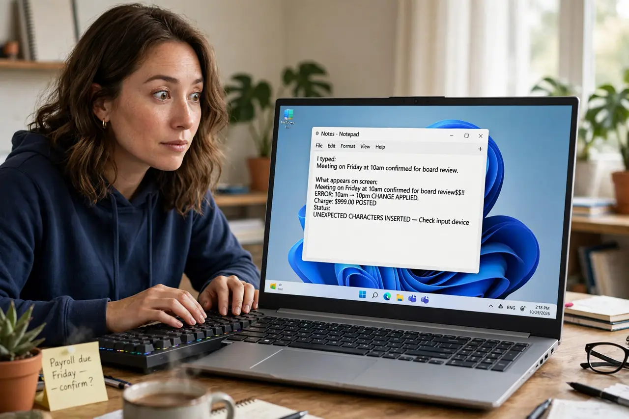 a real person at a desk typing on a real keyboard in front of a Windows PC, wrong characters appearing on the real monitor with fully legible text, the person staring at the screen in disbelief.