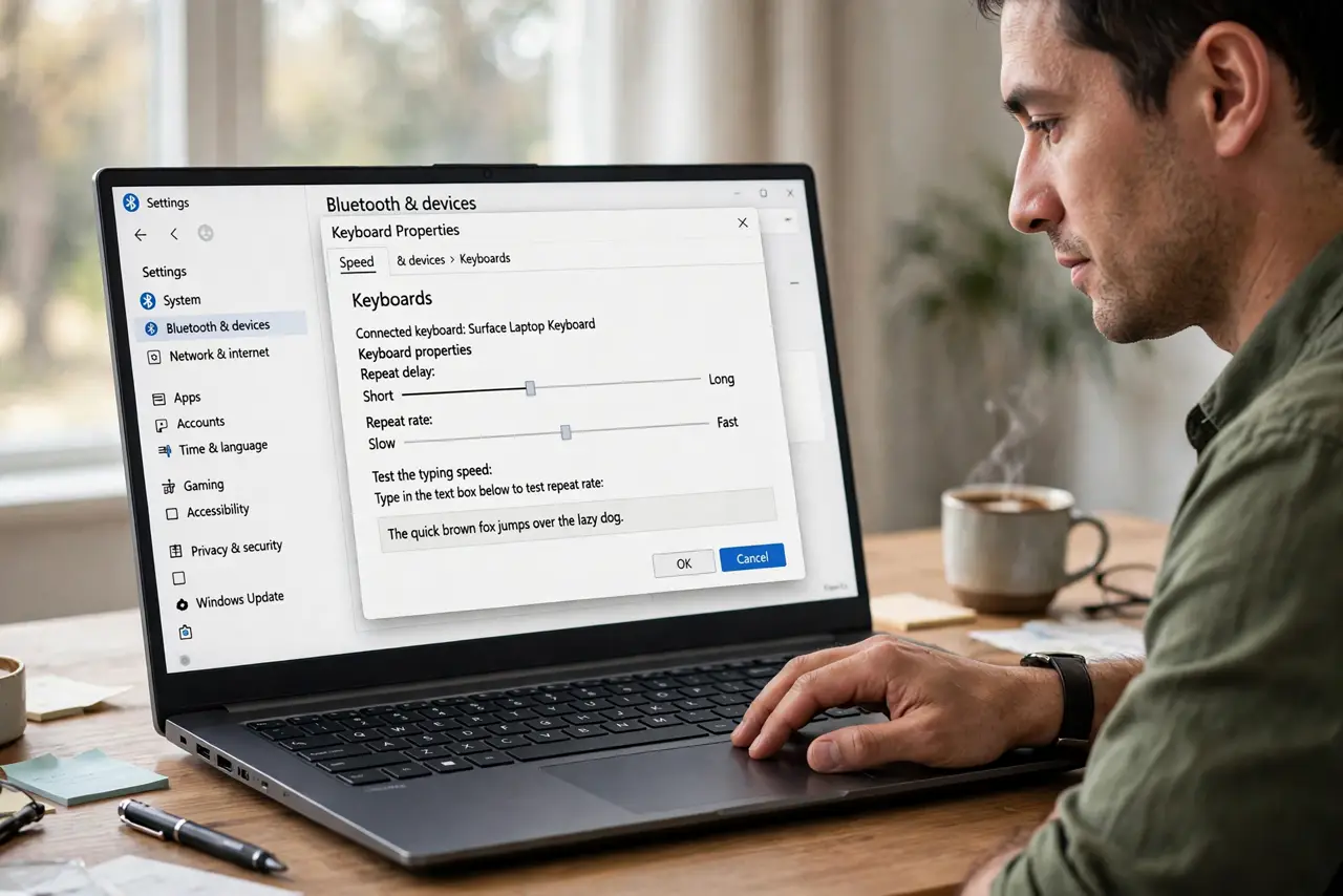 A person calmly performing the guide's first step: Open Keyboard properties.