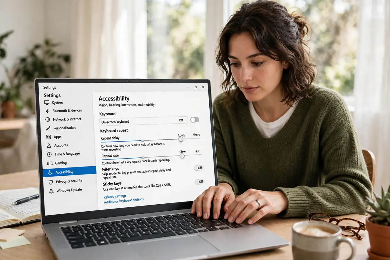 a person typing on a real Windows keyboard, the keyboard settings open on screen showing repeat rate sliders, the person's hands on the keys, face focused. No black screen, no blan.
