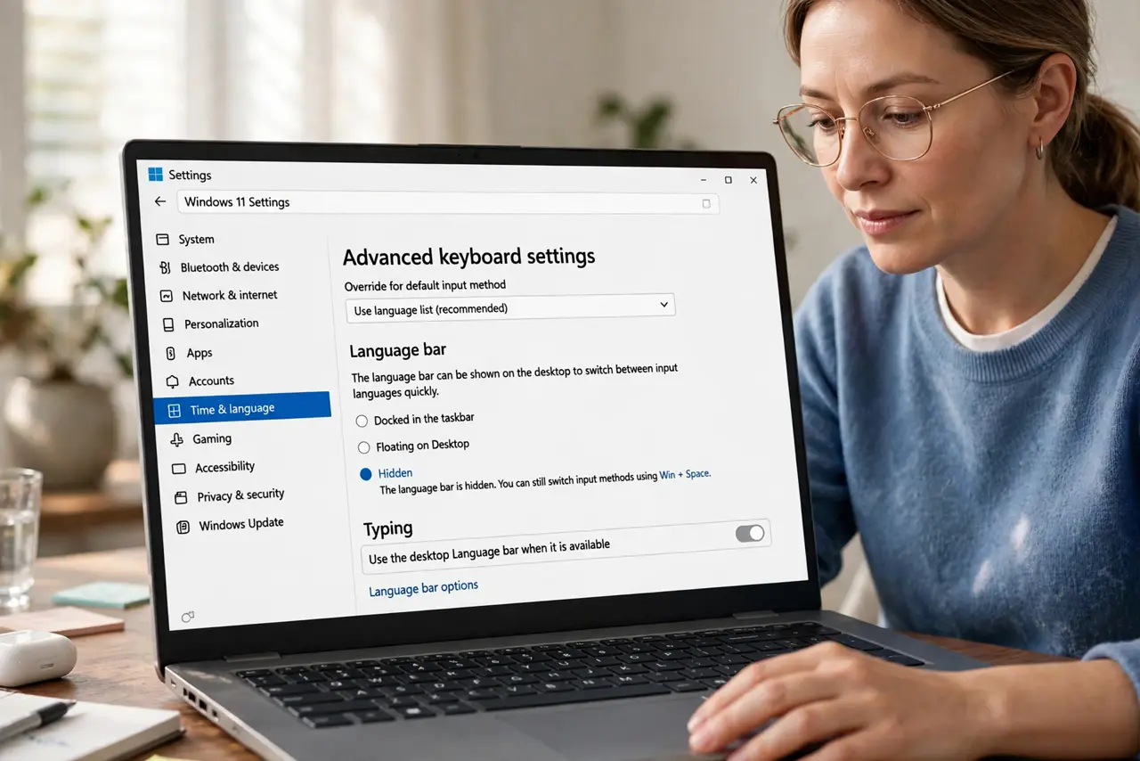 A person performing step 1 of the guide: Set the language bar to Hidden. Open the advanced keyboard settings through the language preferences and set the language bar option to H...