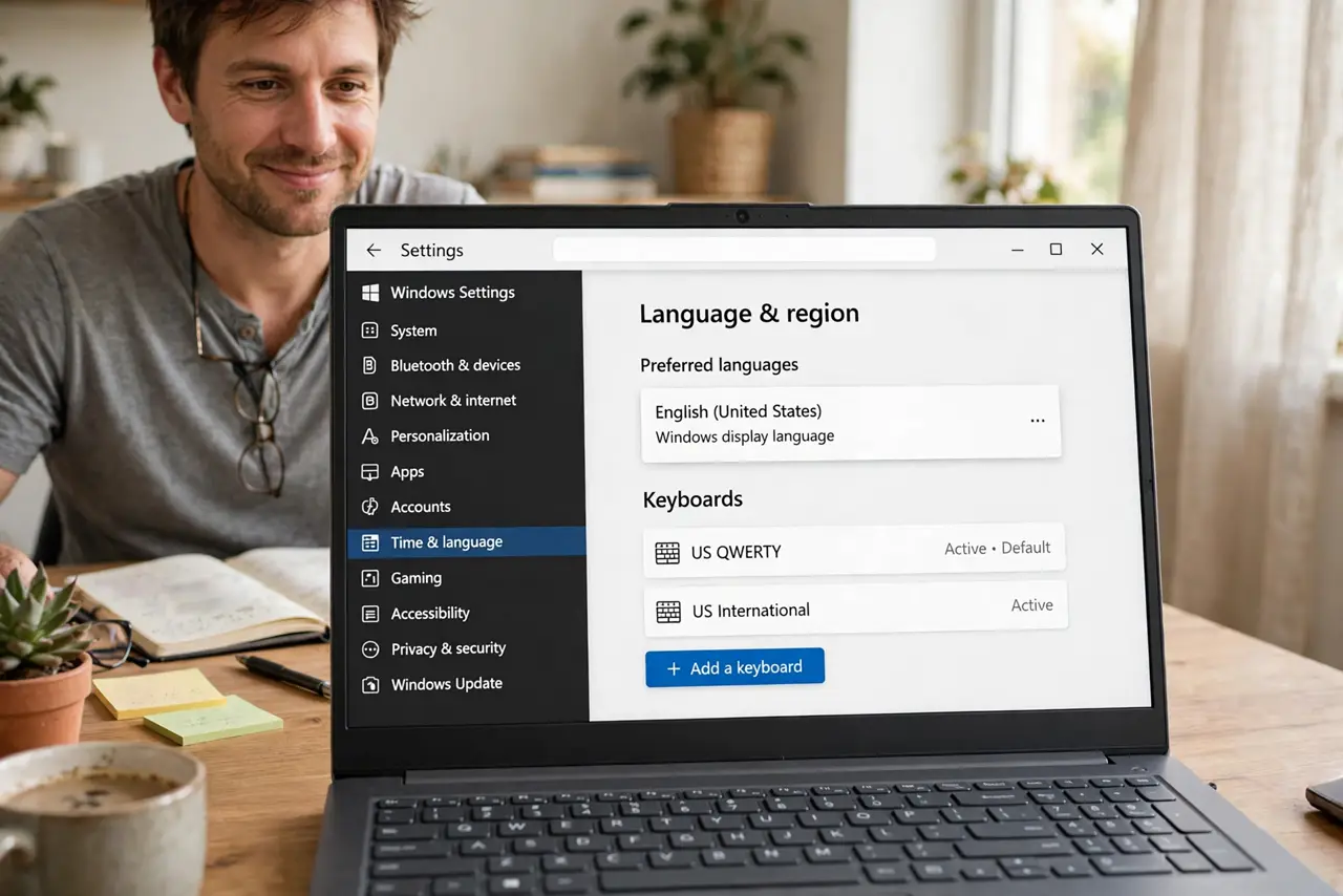 a person at a real Windows PC, the screen showing the language settings page with two legible keyboard layouts listed, the person's face pleased, home office.