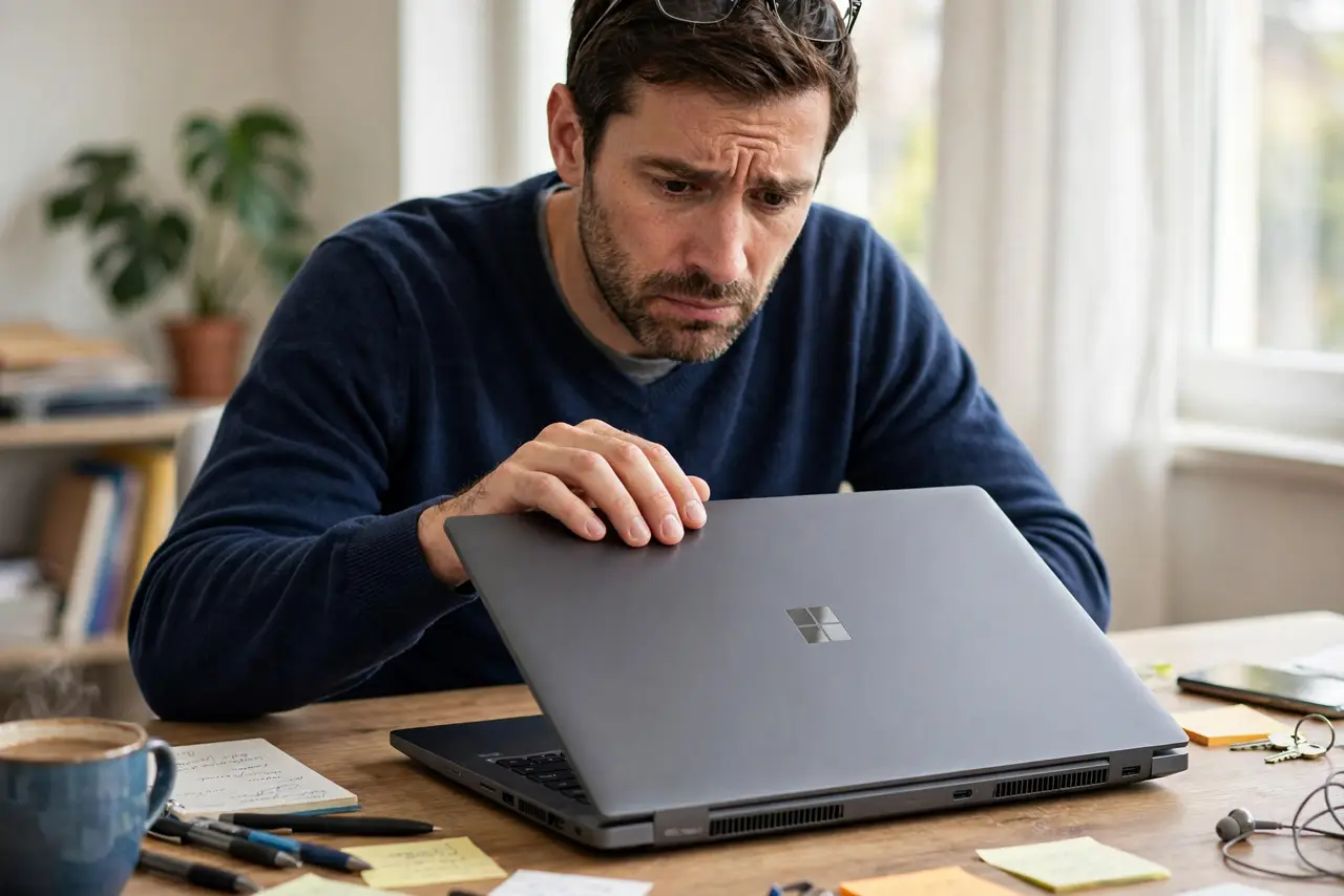 a concerned adult touching the lid of a real closed Windows laptop on a desk, feeling warmth, a worried expression, the laptop slightly warm to the touch.