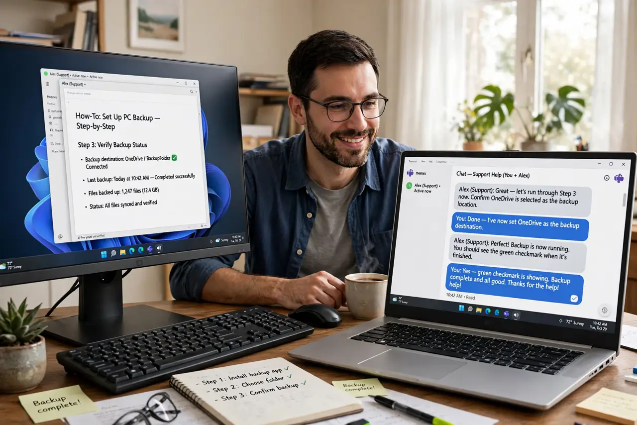 a person working at a real desktop PC with a real laptop beside it acting as a second screen showing a chat window with legible text, the person's face pleas...