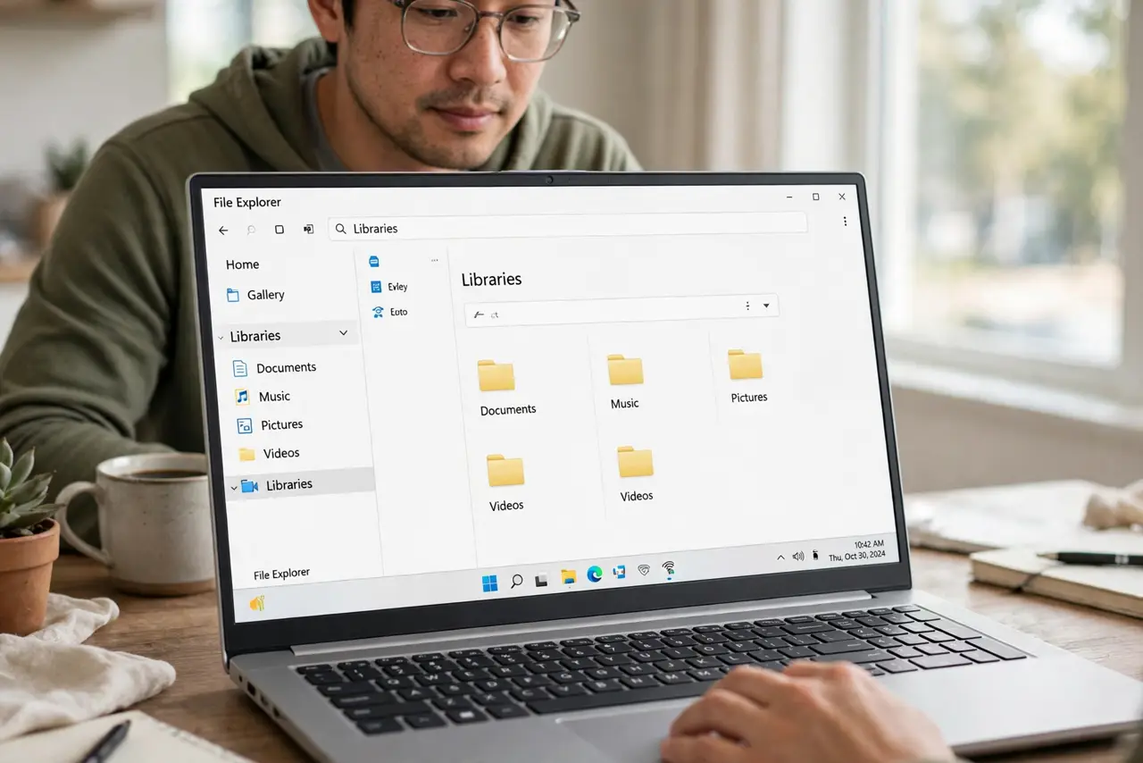 A person calmly performing the guide's first step: Show Libraries in File Explorer.