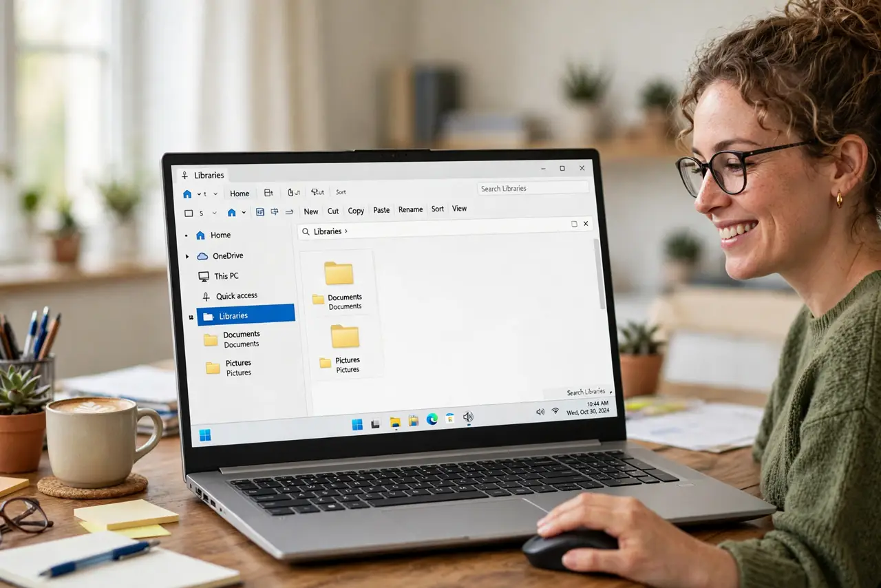 a person using a real Windows 11 PC, File Explorer open showing the Libraries view with Documents and Pictures, the person's hand on the mouse, face satisfied, home office. No blac.