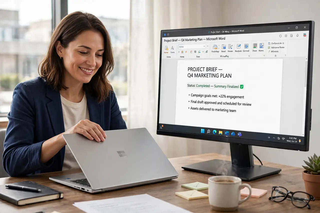 A person closing the lid of a real Windows laptop connected to an external monitor on a desk, the external screen staying on, the person's face satisfied.