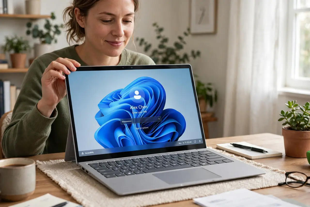 a person opening a real laptop lid on a desk, the screen waking up showing the Windows login with legible text, the person's face relieved, home office.
