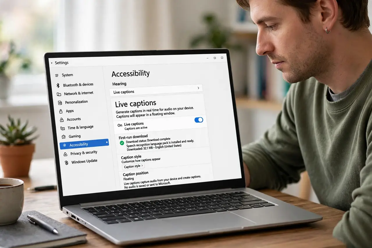 A person performing step 1 of the guide: Open Live Captions in Accessibility settings. Go to Settings, then Accessibility, then Live captions. This page holds the master toggle a...