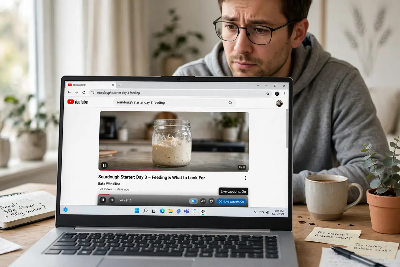 a real person at a desk watching a video on a Windows PC, the live captions toggle turned on but no caption box visible on the real monitor showing the video with fully legible interface text, the person looking puzzled.