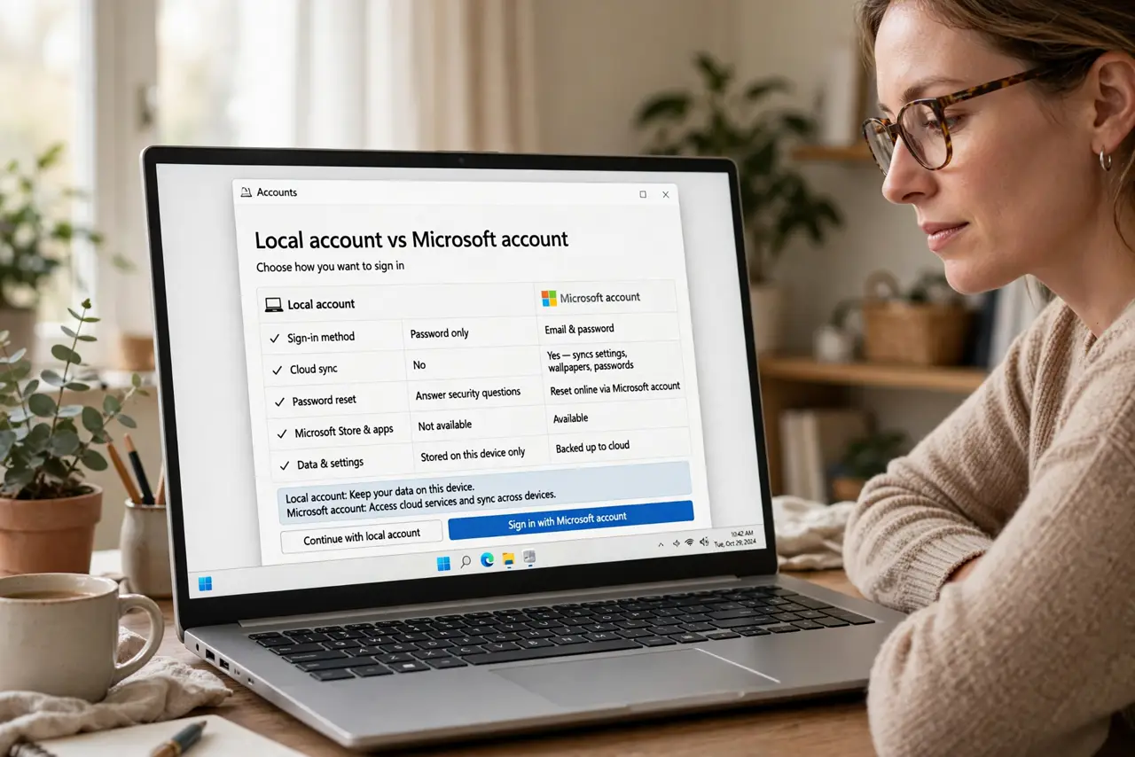 Photoreal photo of a person performing the first step: Know what you are choosing. A local account lives only on your PC — username and password, n...
