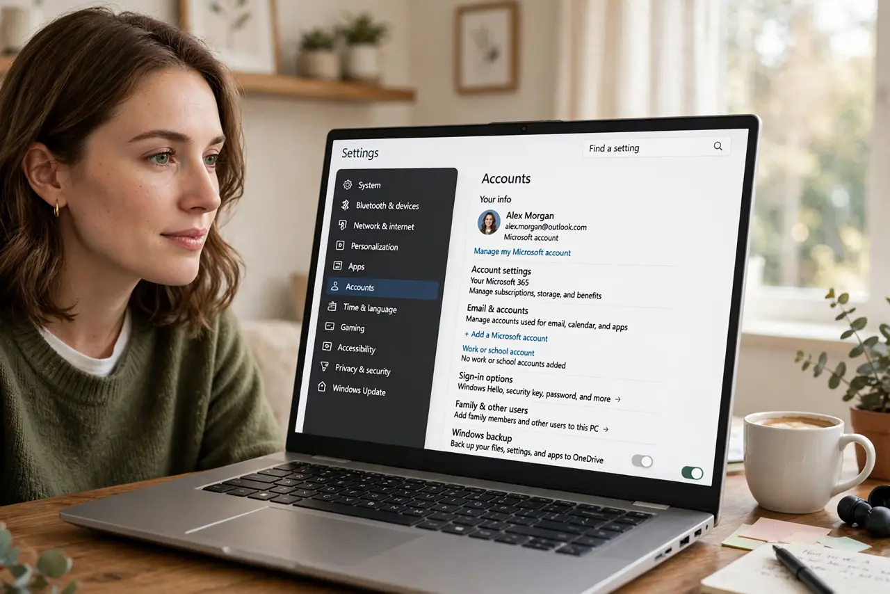 Photoreal photo: a person looking at a real Windows Settings accounts page showing account options with legible text, the person's face determined, home office. No black screen, no blank white screen, no fake or ga...