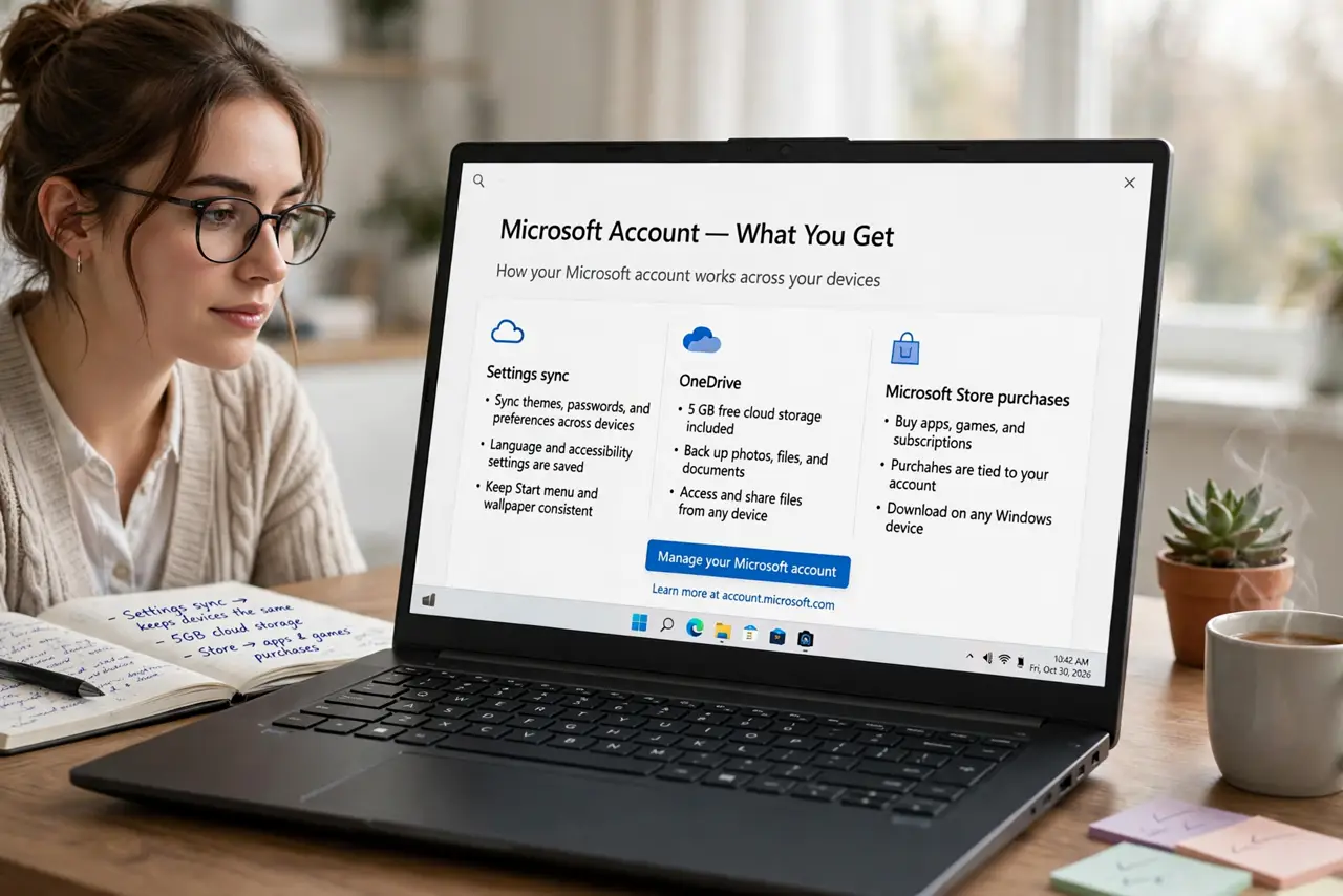 A person performing the first step: Learn what a Microsoft account gives you. Settings sync across PCs, OneDrive.