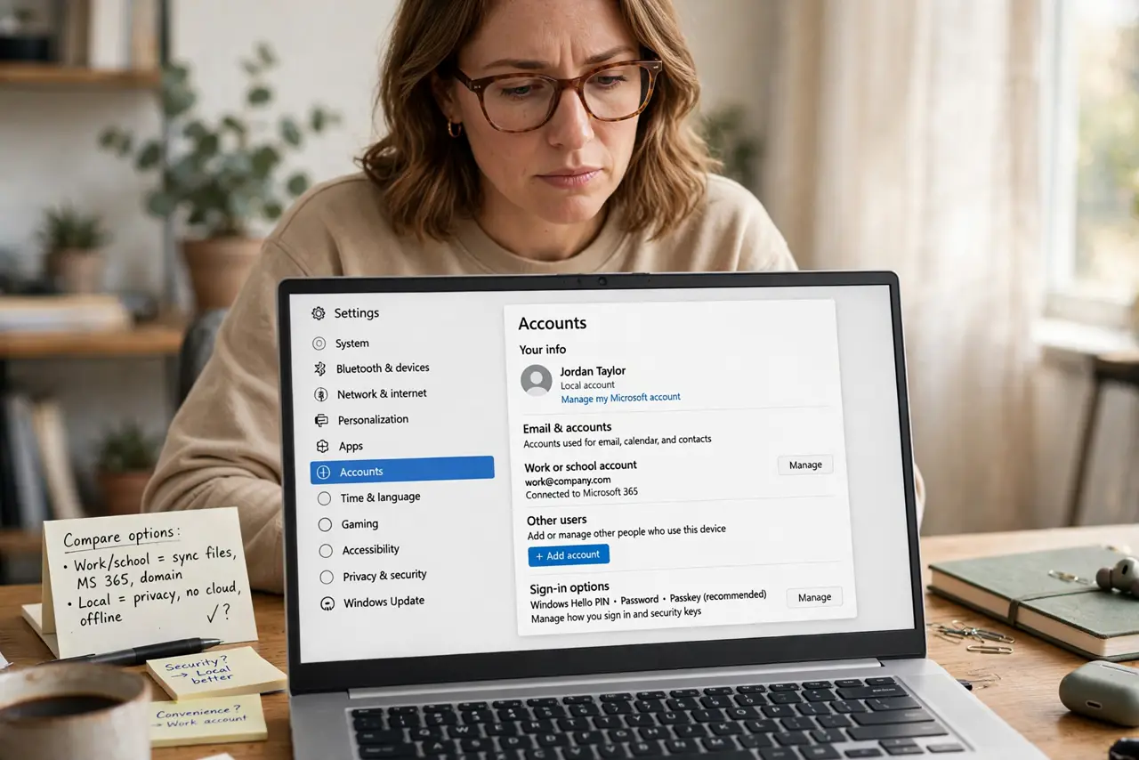 A person comparing options on a real Windows laptop showing the accounts settings page with legible text, the person's