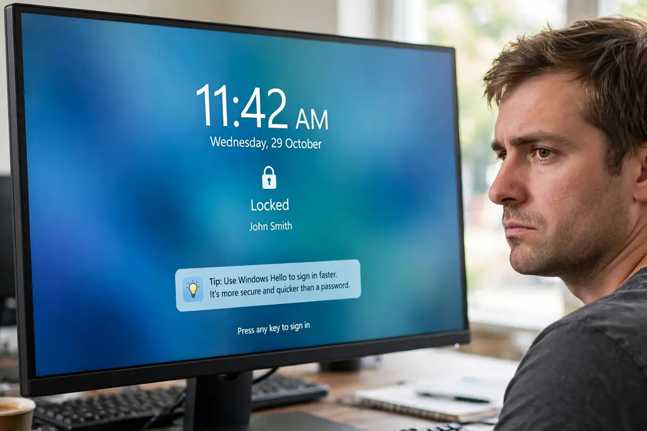 A person looking at a real Windows PC monitor showing a lock screen with a promotional tip text fully legible, the person's face unimpressed.