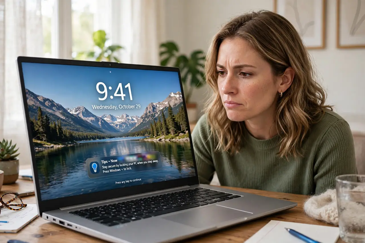 a person looking at a real Windows laptop lock screen showing a scenic wallpaper with a small tips notification, the person's face mildly annoyed, home office.
