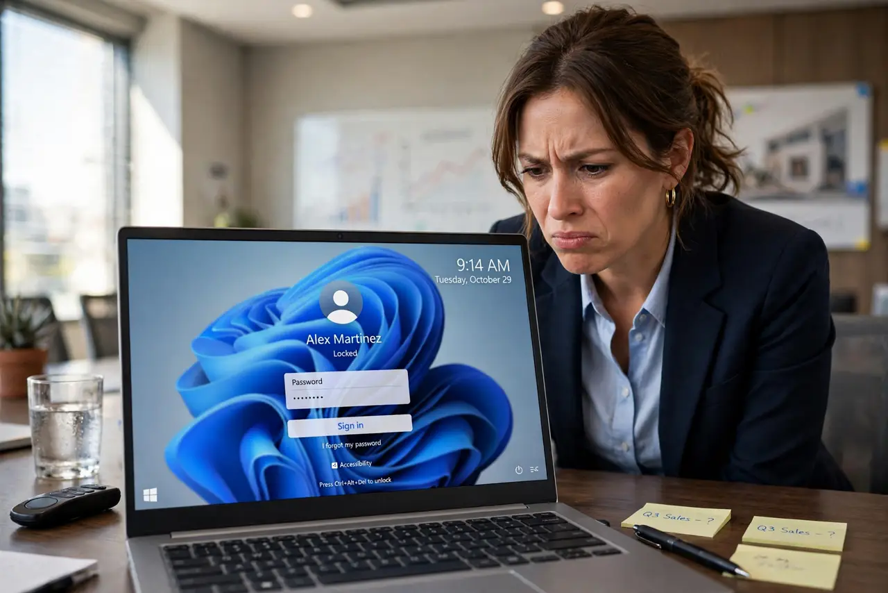 A person giving a presentation in a meeting room, looking frustrated at a real Windows laptop whose screen has just locked to the sign-in screen with legible…