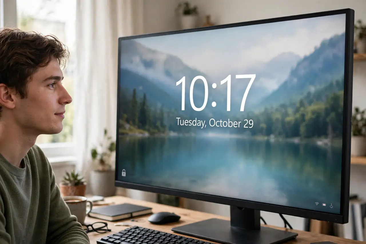 A person looking at a real Windows PC monitor showing a clean lock screen with just the clock over a wallpaper and no widgets visible, the person's face calm.