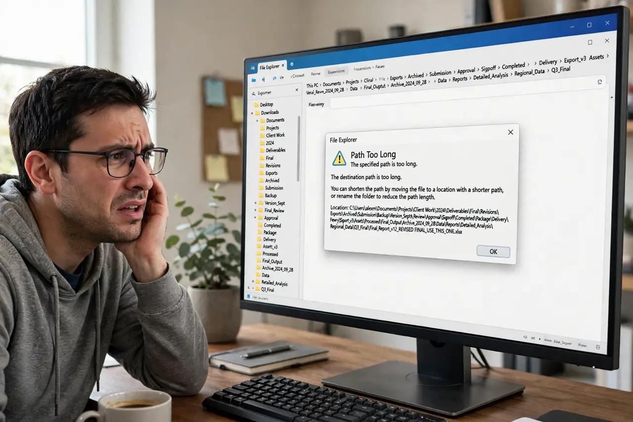 A person looking at a real Windows File Explorer error dialog about a path being too long with legible text, a deeply
