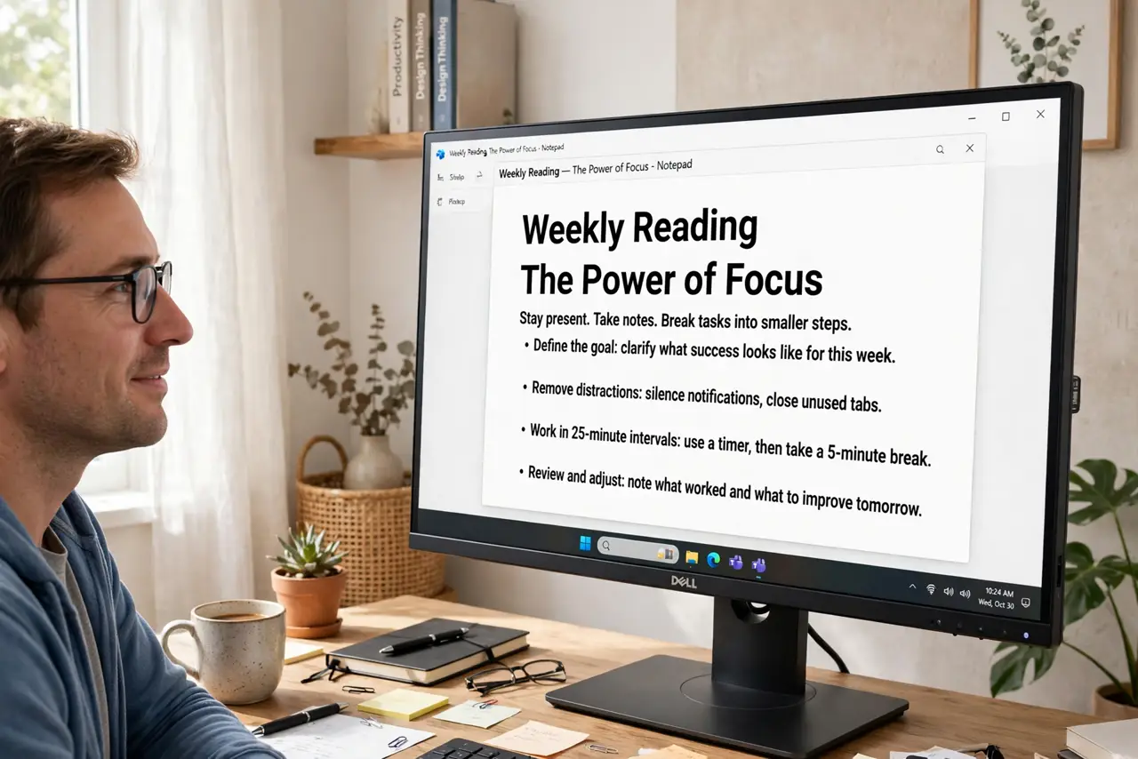 A person sitting at a real desk looking at a real Windows PC screen showing magnified text that is large and legible, the person's face comfortable and reading…