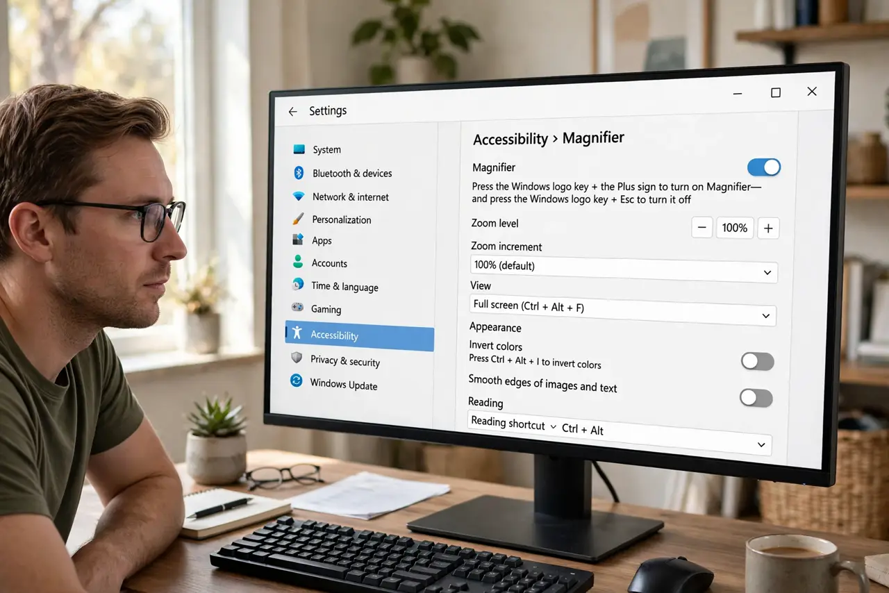 A person at a real Windows 11 PC, the monitor showing the Magnifier settings window with view options fully legible, the person's face focused, home office.