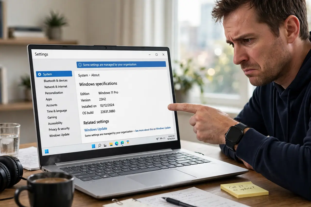 a frustrated adult at a desk with a real Windows laptop showing the Settings page with the 'managed by your organization' message fully legible, the person pointing at it.