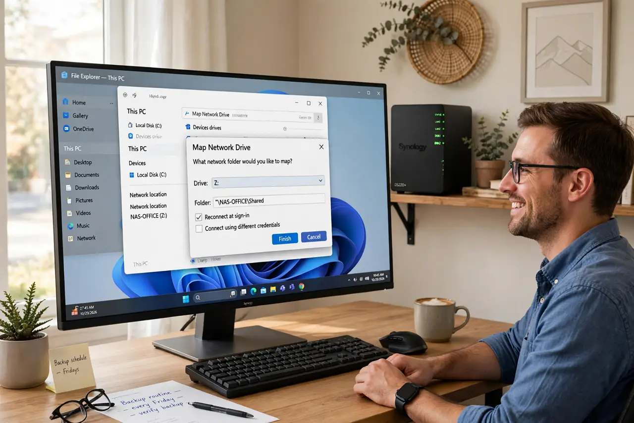 A person mapping a network drive in File Explorer on a real Windows PC, the Map Network Drive dialog legible, a NAS box visible on a shelf, the person's face…