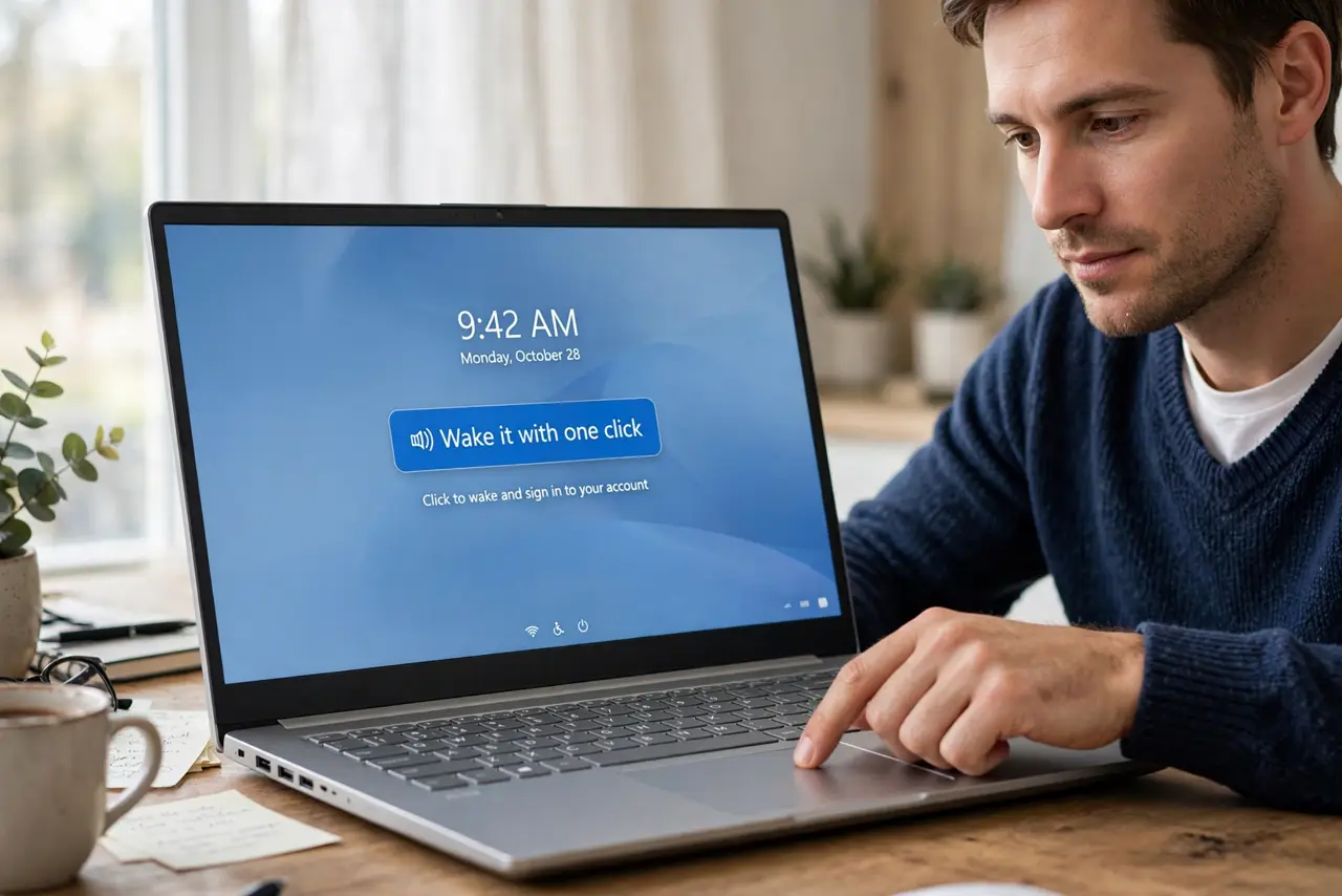 A person calmly performing the guide's first step: Wake it with one click.