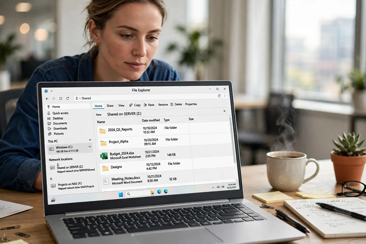 a person at a real Windows PC showing File Explorer with a mapped network drive and legible drive letters, the person's face focused, office desk. No black screen, no blank white s.