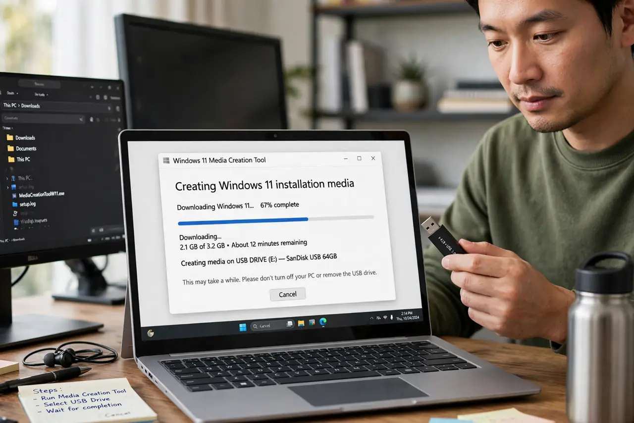 a person holding a real USB flash drive next to a real Windows PC showing the Media Creation Tool progress screen with legible text, a second monitor visible...