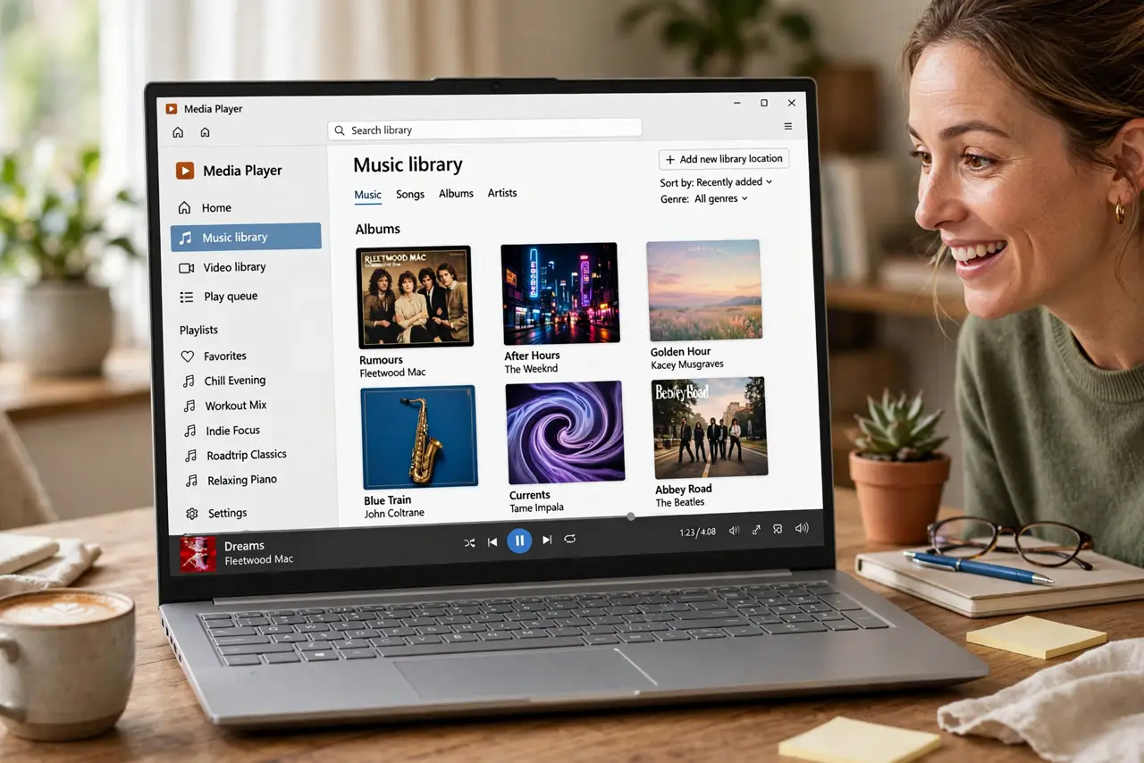 a person browsing a real music library in the new Windows Media Player with legible album art and playlists, the person's face pleasantly surprised, home desk.