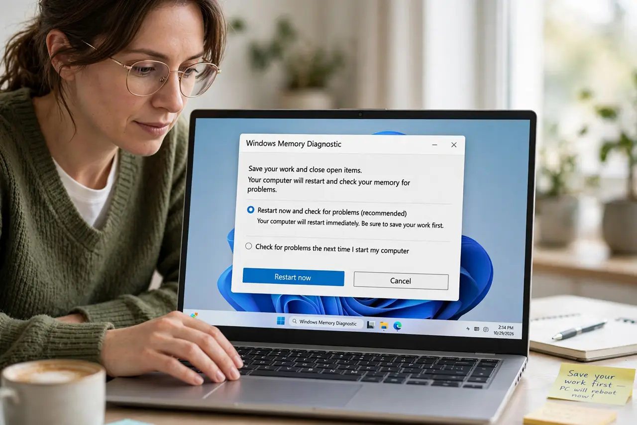 A person performing the first step of the guide: Open Windows Memory Diagnostic. Press the Windows key, type Windows Memory Diagnostic, and open it. Choose.