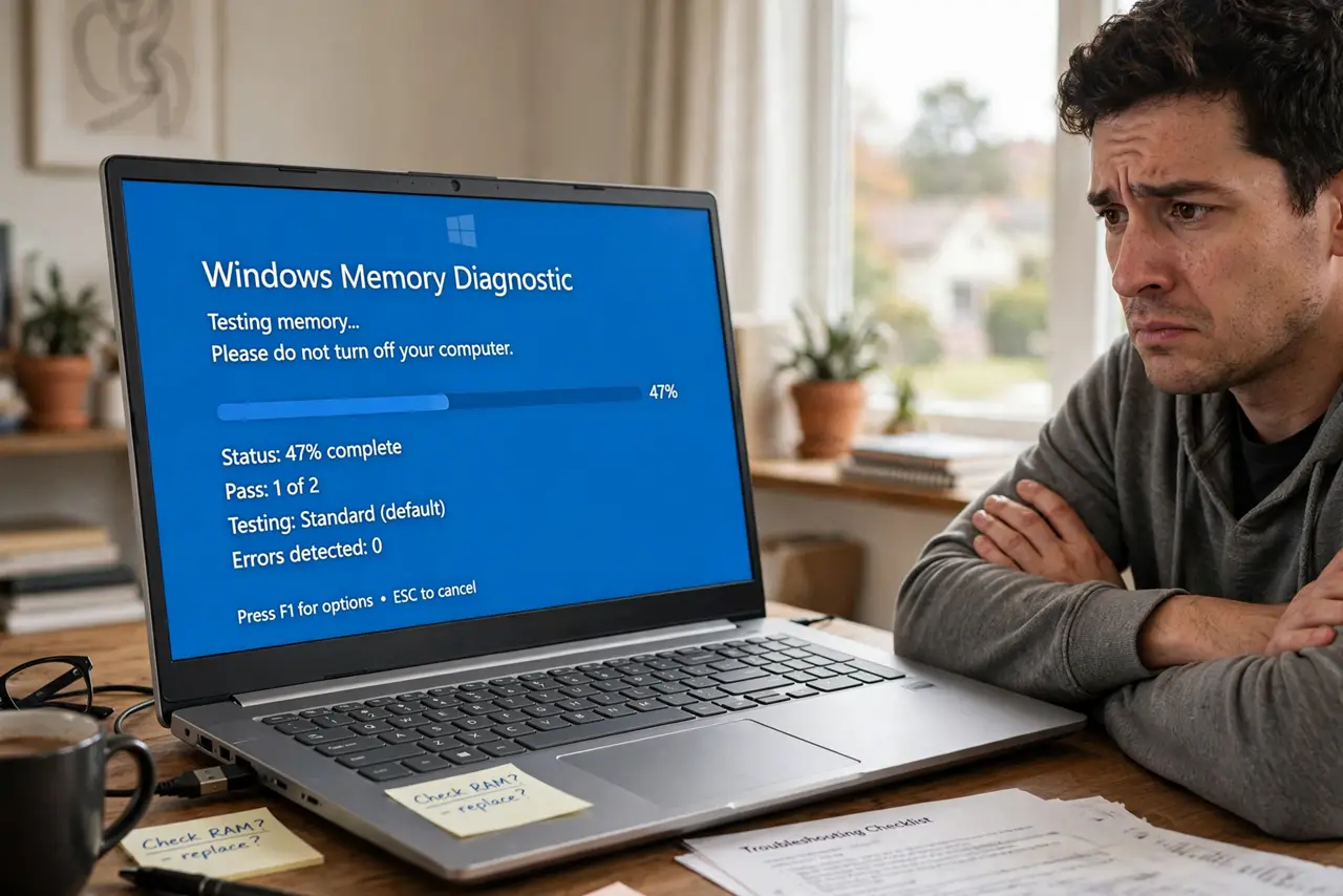 A person watching a real PC monitor showing the Windows Memory Diagnostic blue screen with legible progress text, the person seated calmly nearby.