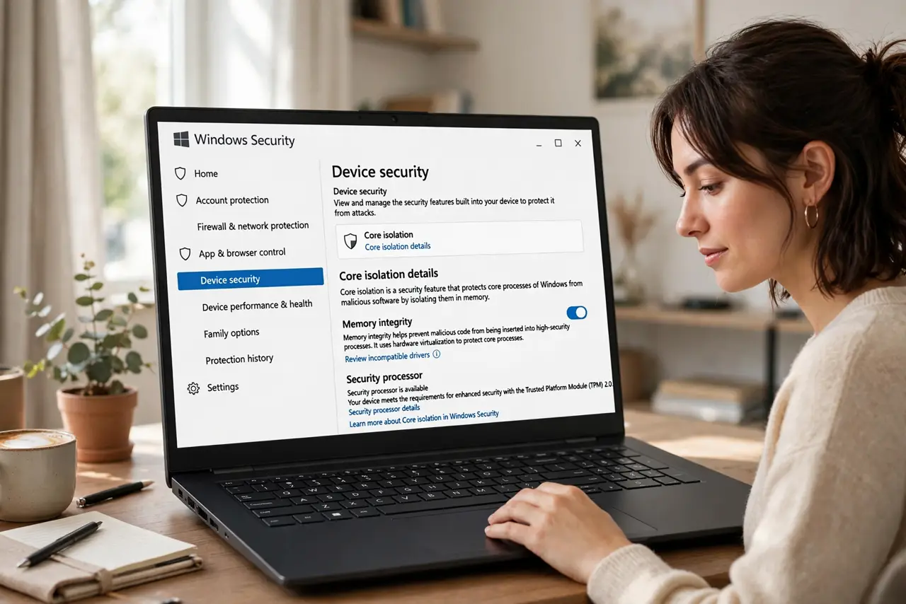 Photoreal photo of a person performing the first step: Open the Core isolation details page. In Windows Security, go to Device security, then Core iso