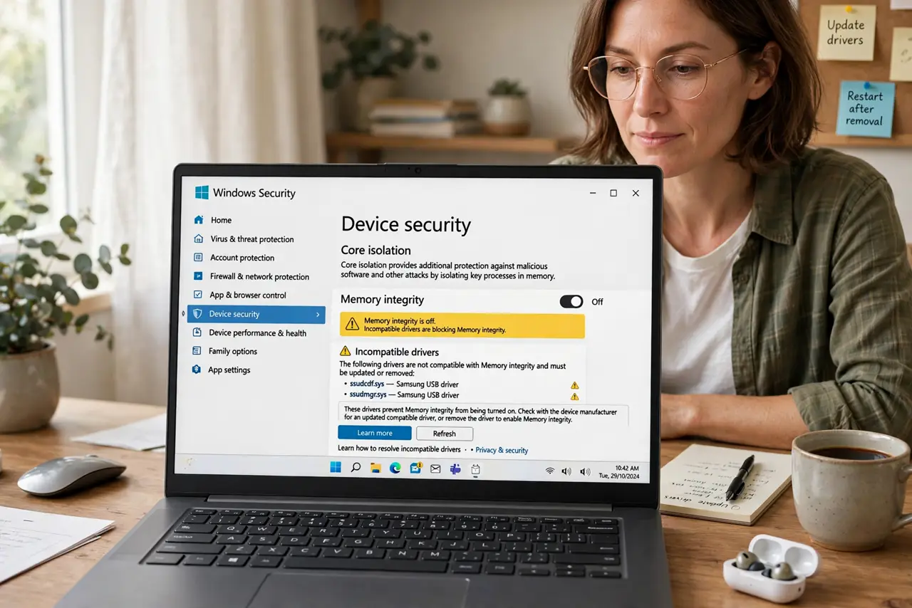 Photoreal photo: a person at a Windows PC with a real monitor showing Windows Security Core Isolation page with a legible incompatible-driver warning, the person's face determined, home office. No black screen, no blank white screen,